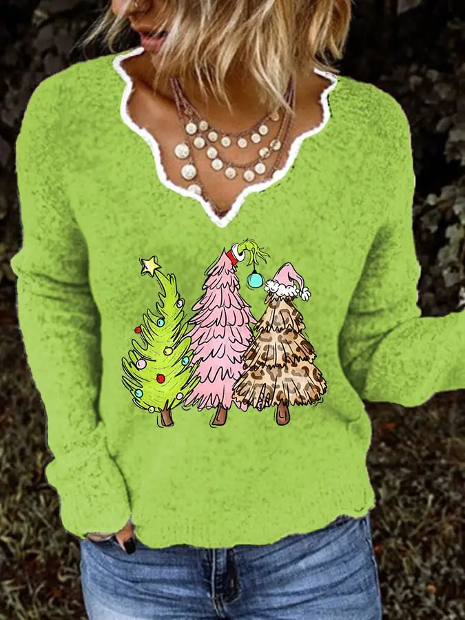 Women's Christmas Tree Print Casual Lace V-Neck Top