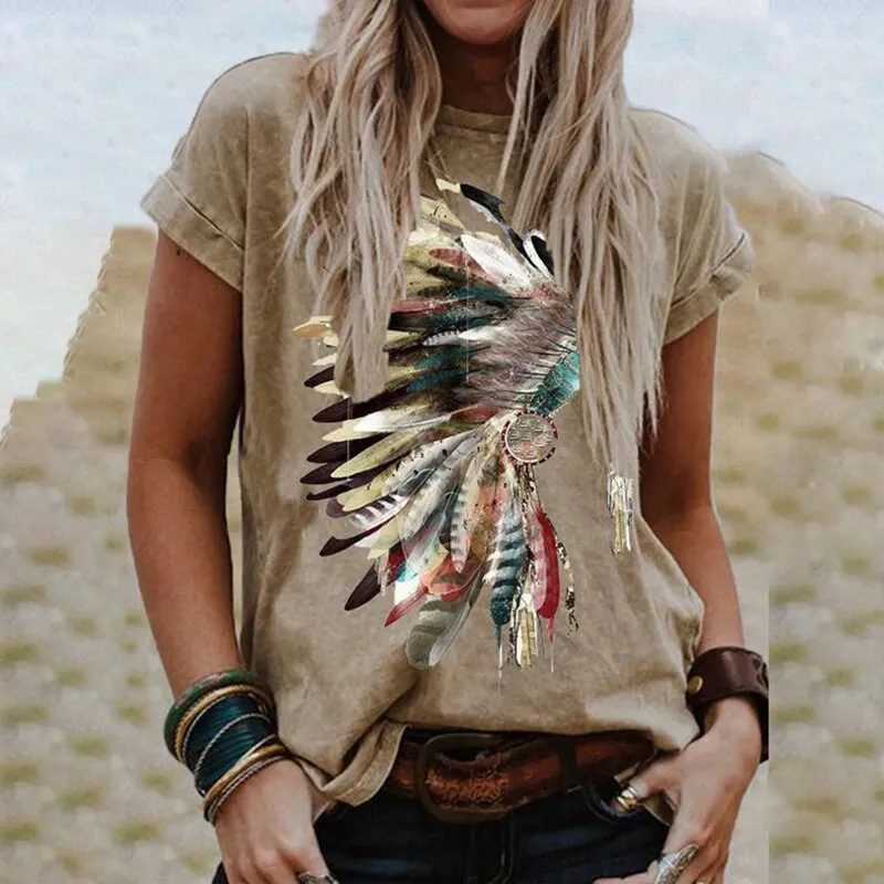 Indian Headdress Print Crew Neck T-Shirt