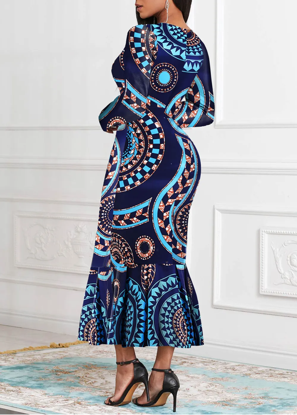 Tribal Print Mermaid Navy Long Sleeve Bodycon Dress