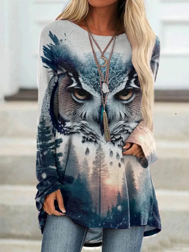 Western Owl Print Casual Long Sleeve Tunic