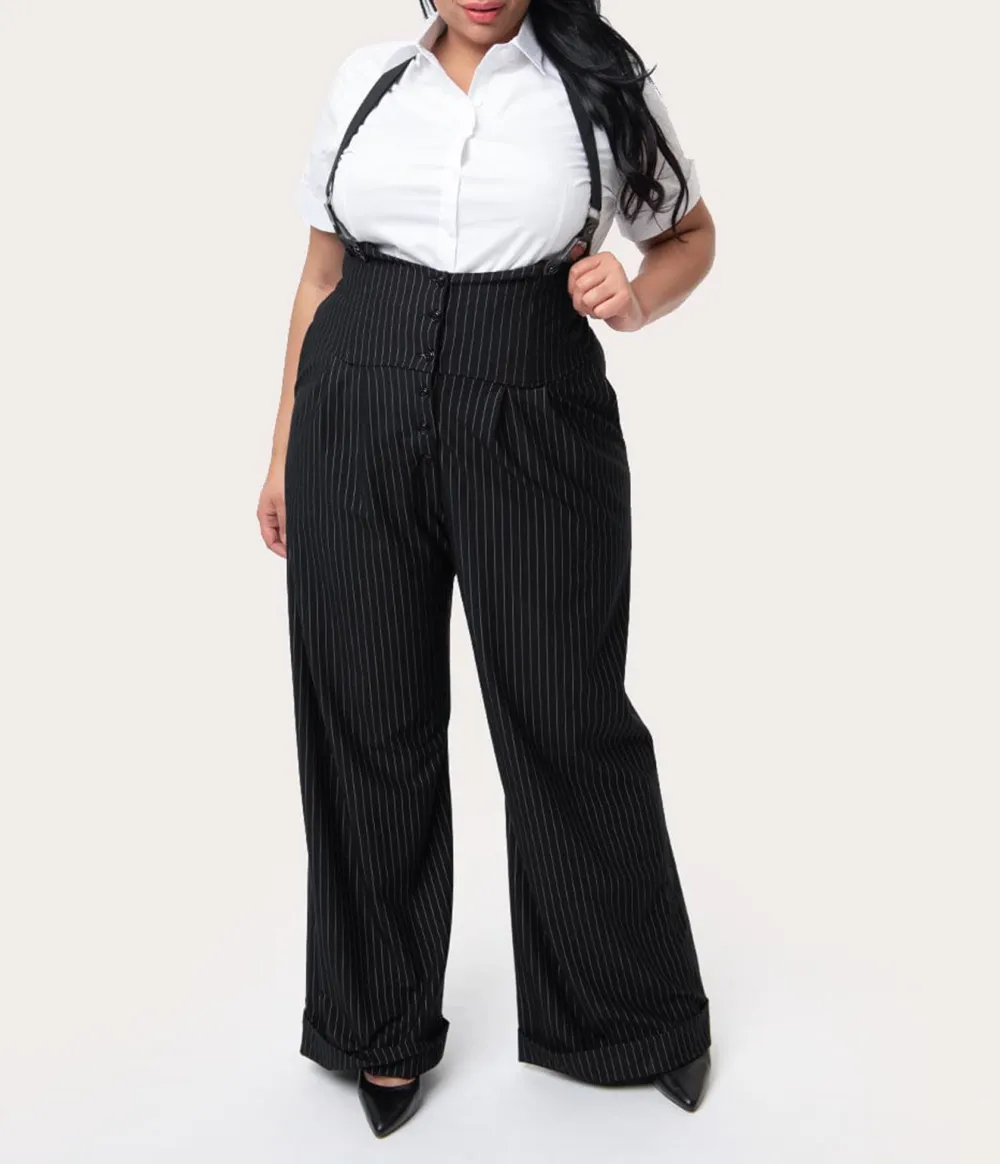 Unique Vintage Plus Size 1930s Black & White Pin Stripe Thelma Suspender Pants