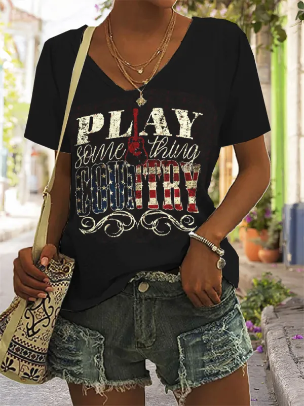 Play Something Country American Flag V Neck T Shirt