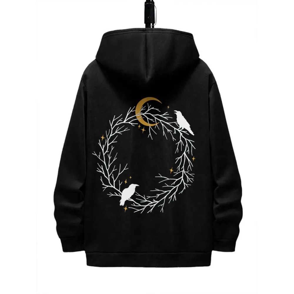 MOON N BIRDS PATTERN PRINTED HOODIE