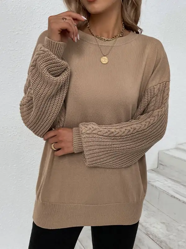 Knitted Twist Long Sleeves Solid Color Round-Neck Sweater Tops