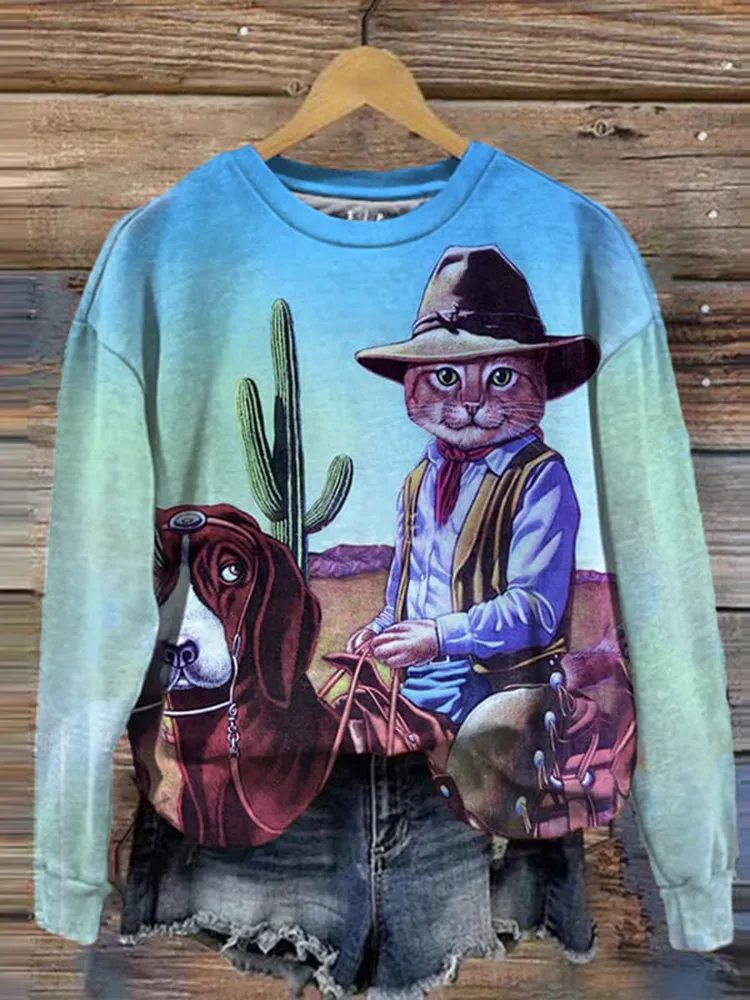 Western Cat Print Crew Neck Casual Sweatshirt