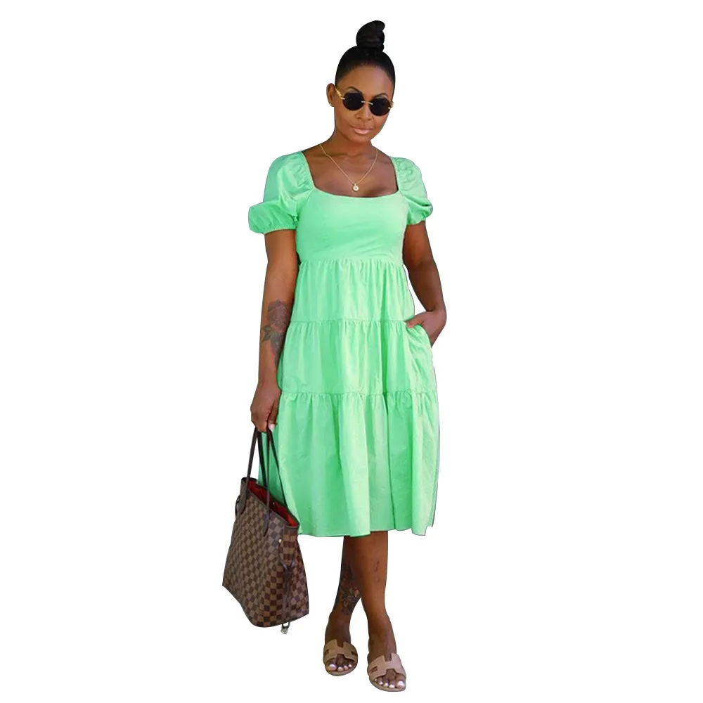 Women Summer  Lace-Up  Short Sleeve With Backside Bow Knot Midi Dress