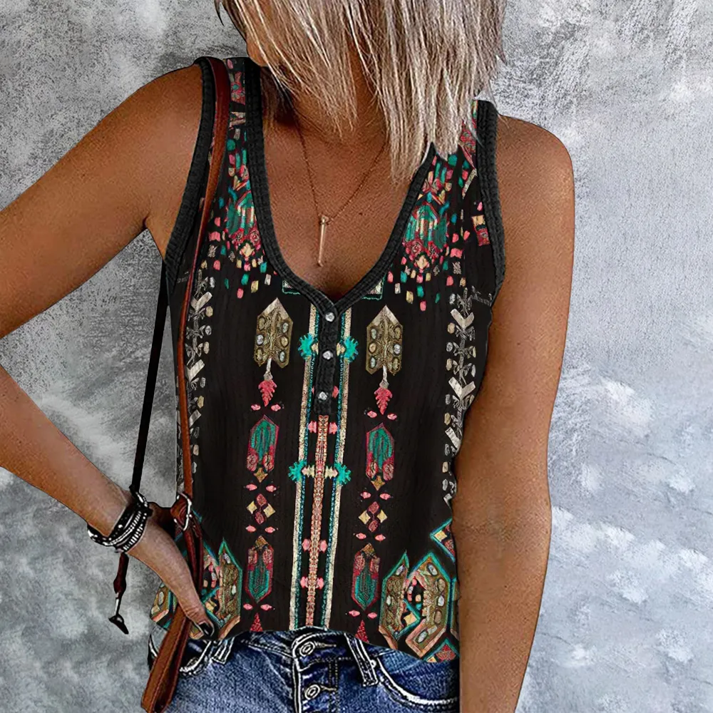 Western Geometry Button Up Casual Tank Top