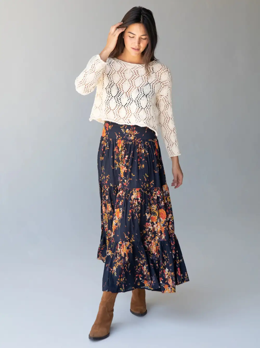 Hanna Convertible Maxi Skirt - Navy Red Bouquets