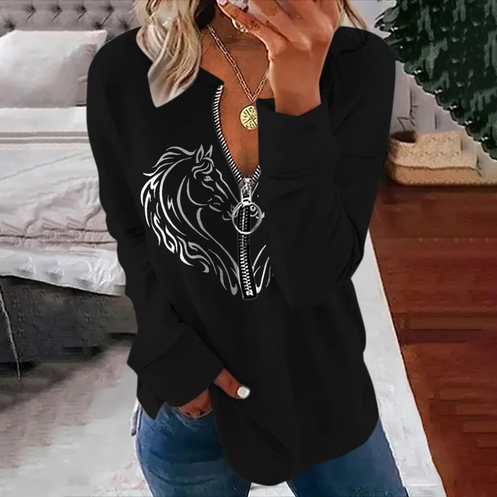 Casual Horse Heart Print Long Sleeve Sweatshirt