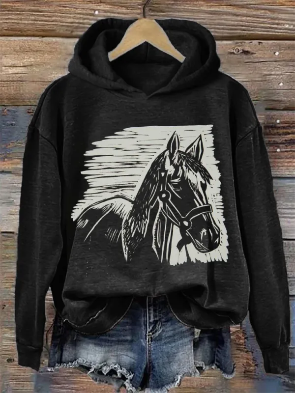 Horse Lover Horse Lino Art Comfy Hoodie