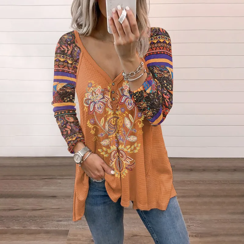 Casual Long Sleeve Printed V-Neck T-Shirt