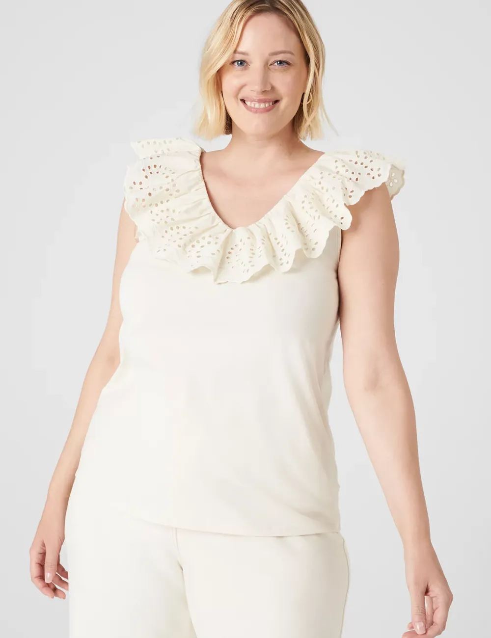 Woven Eyelet Ruffle Knit Tank