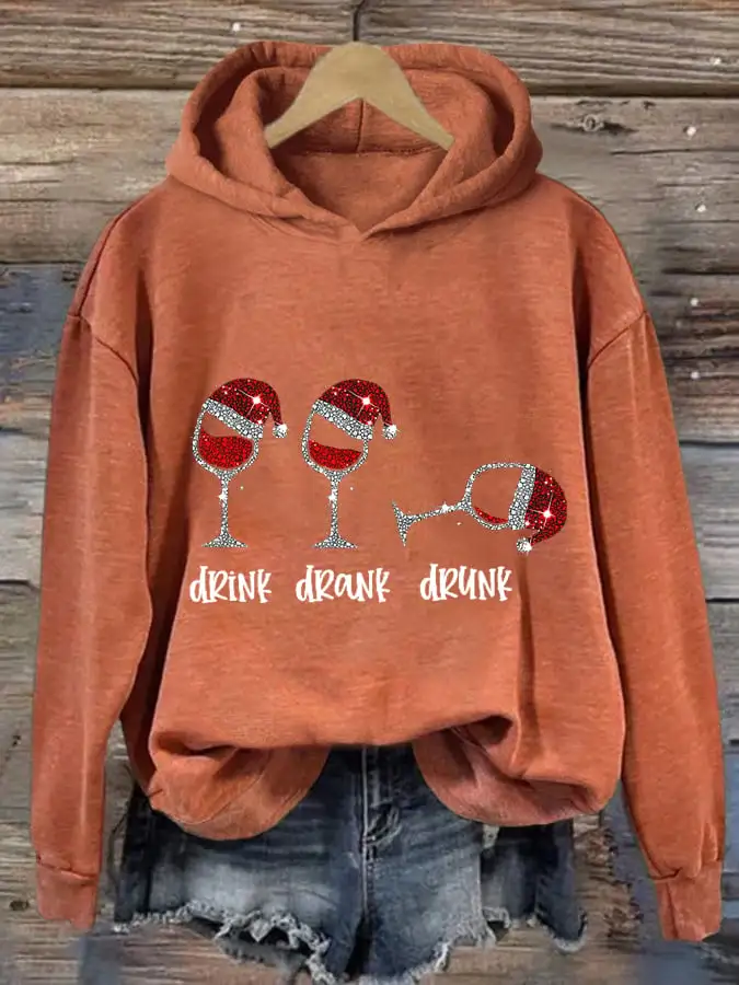 Women's Funny Christmas Drink Drank Drunk Red Wine Glass Casual Hoodie