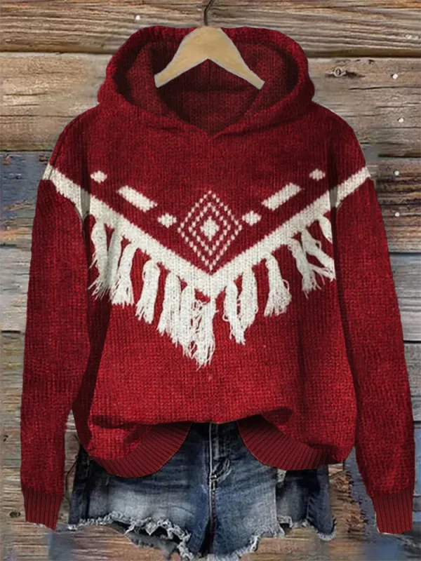 Western Aztec Tassels Cozy Knit Hoodie