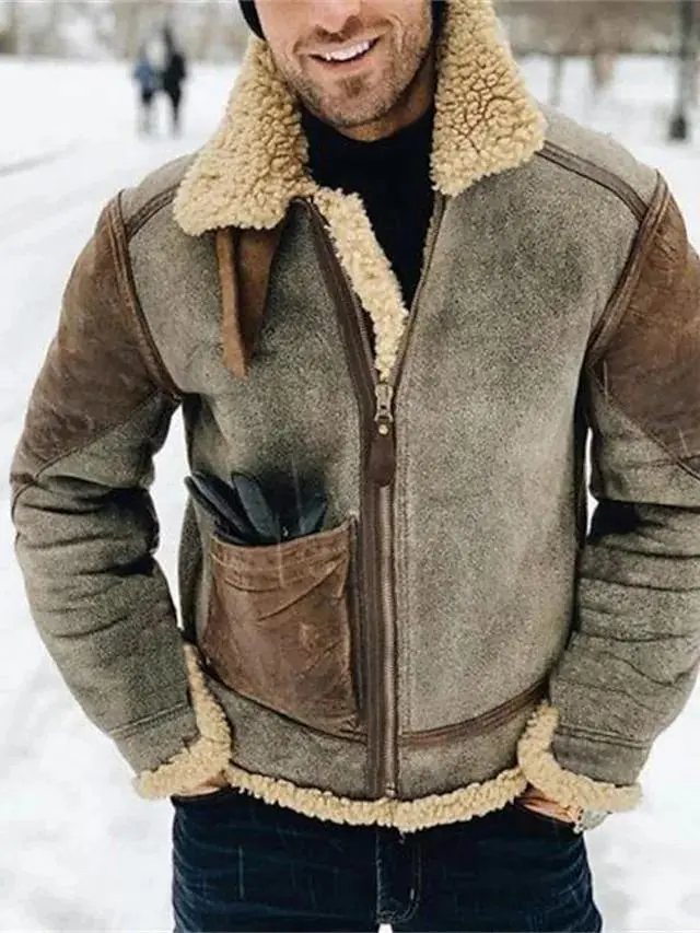 Men's Winter Jacket Sherpa Outdoor Daily Wear Warm Zipper Pocket Fall Winter Plain Fashion Streetwear Lapel Regular Dark Gray Black Red & White Khaki sepia Jacket