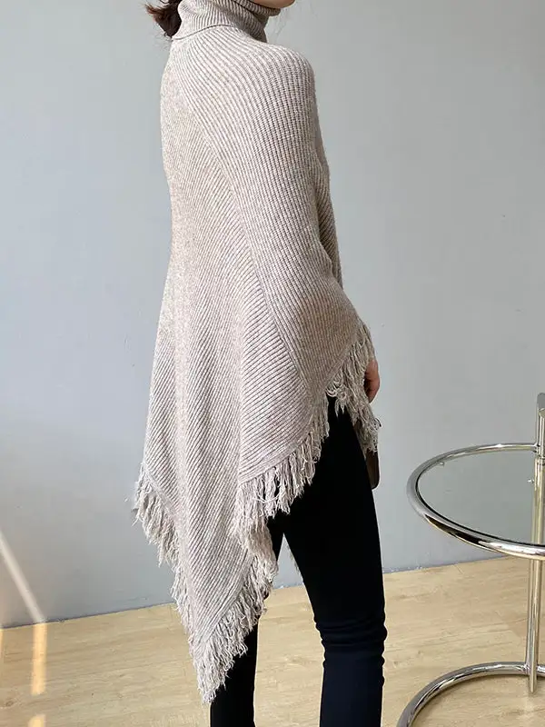 Casual Loose Tasseled Solid Color High-Neck Sweater Tops