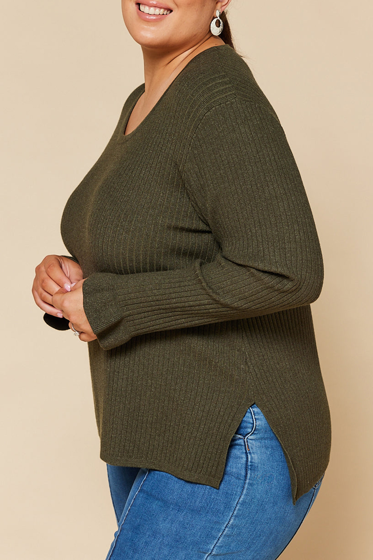 Long Sleeve Knitted Top In Khaki