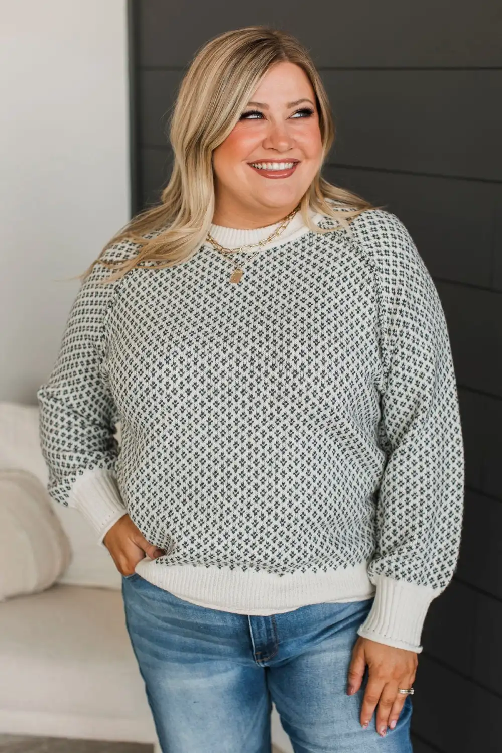 Just Stopping By Printed Knit Sweater- Cream & Charcoal