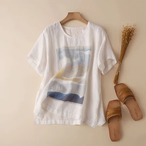 Simple Thin Printed Cotton Linen T-Shirt