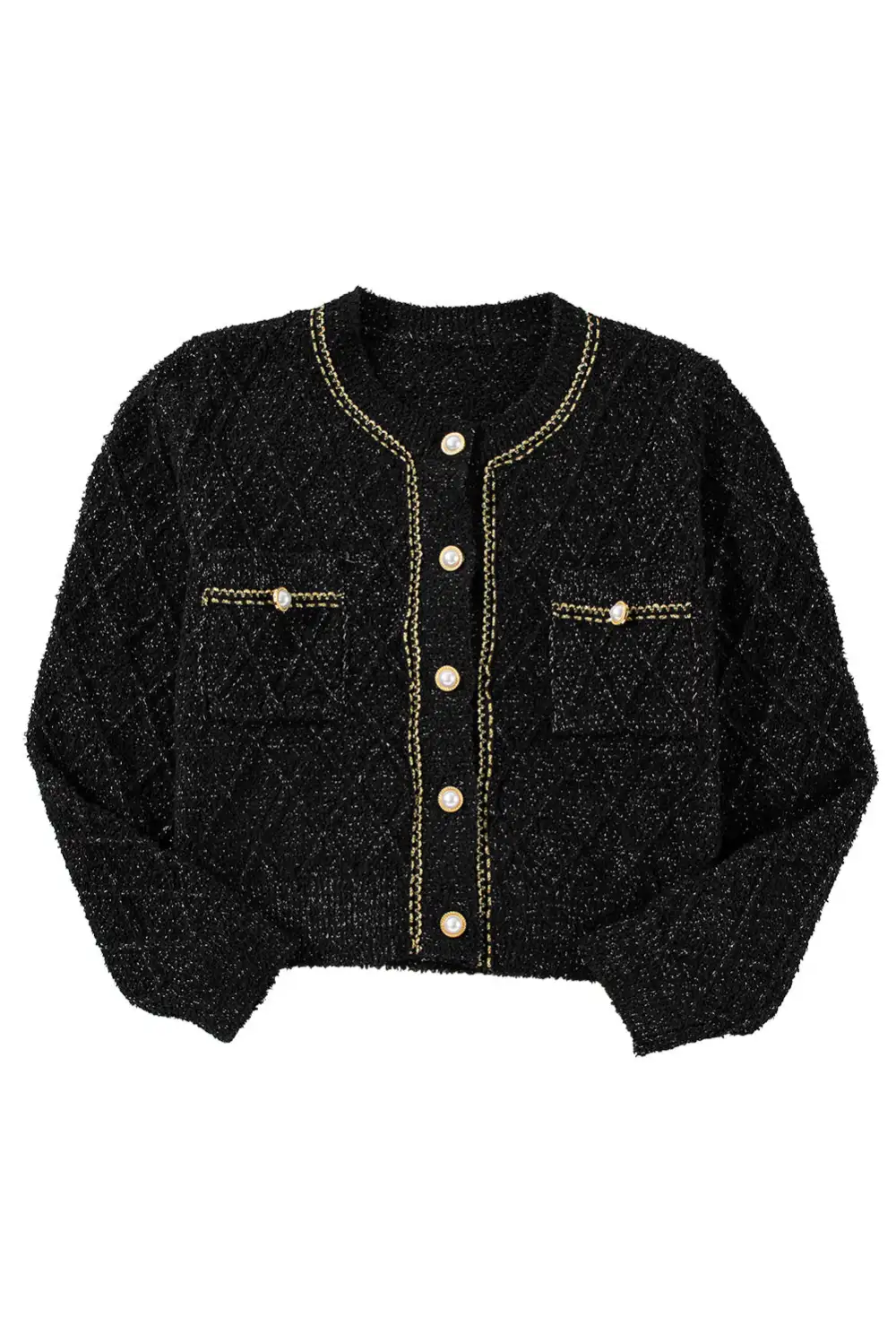 Black Shimmer Flap Pocket Button up Cardigan