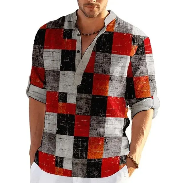 Men's Shirt Plaid / Check Patchwork Graphic Prints Geometry Stand Collar Khaki+Khaki Black White Yellow Light Green Outdoor Street Long Sleeve Print Clothing Apparel Fashion Streetwear Designer Casual