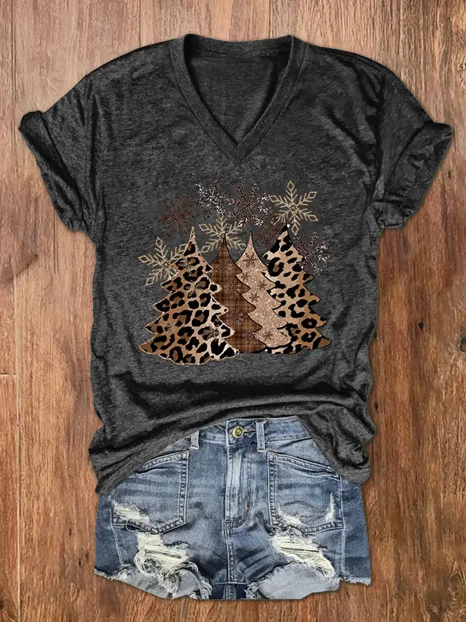 Women's Leopard   Tree Print V-Neck T-Shirt