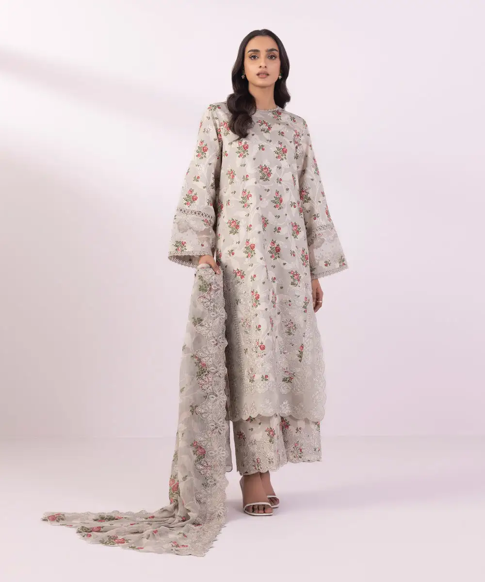 3 Piece - Embroidered Cotton Satin Suit