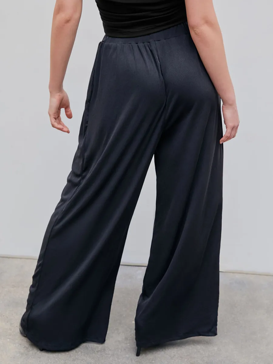 Solid Elastic Waist Wide Leg Pants