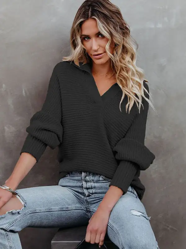 Long Sleeves Solid Color Lapel V-Neck Sweater Tops