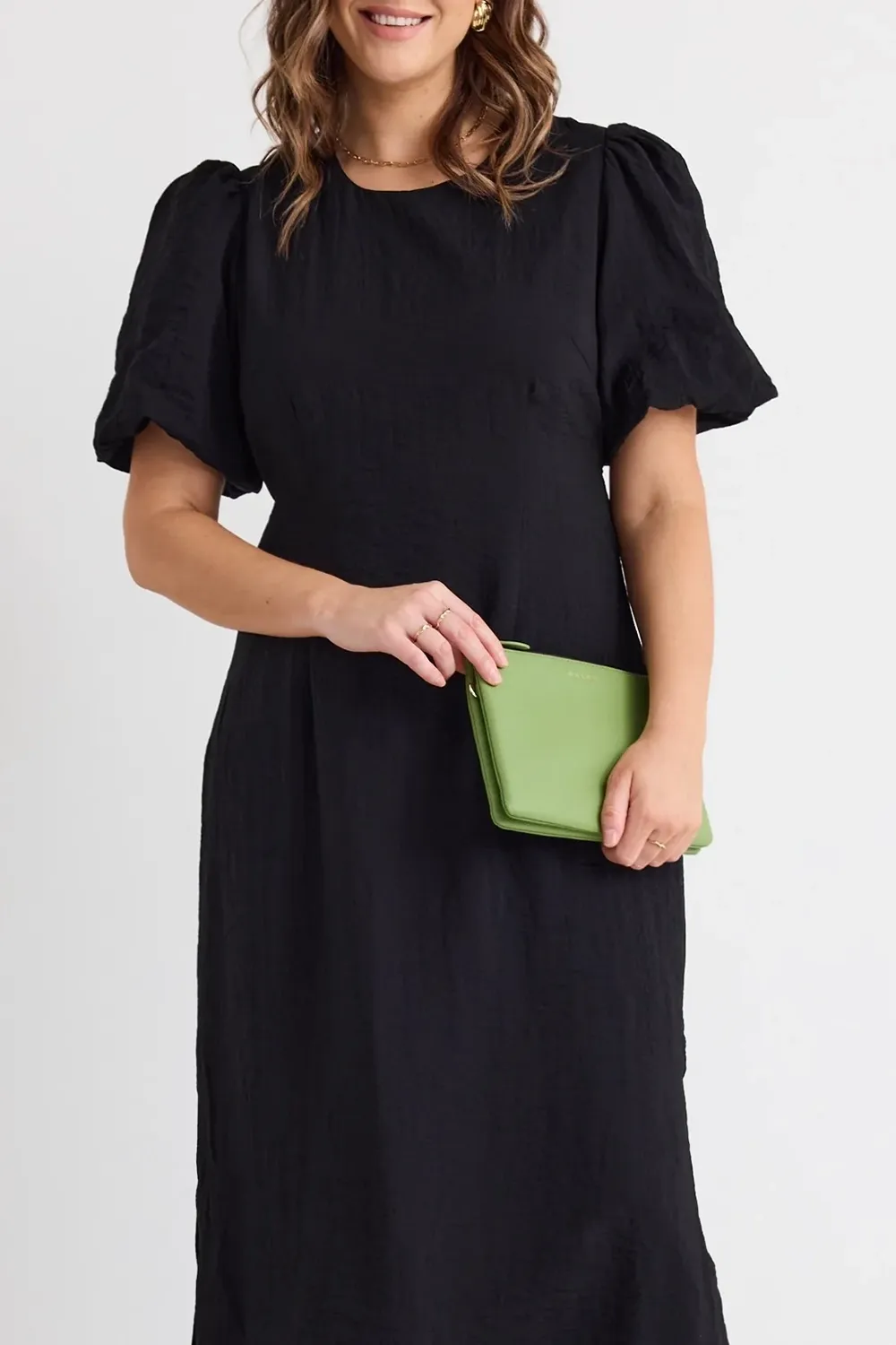 Elder Black Puff Sleeve Tie Midi Dress