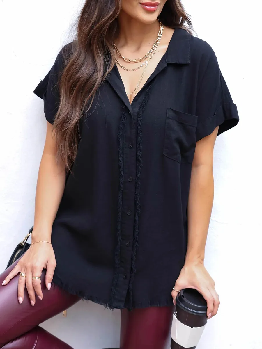 Short sleeved button down ruffled hem shirt