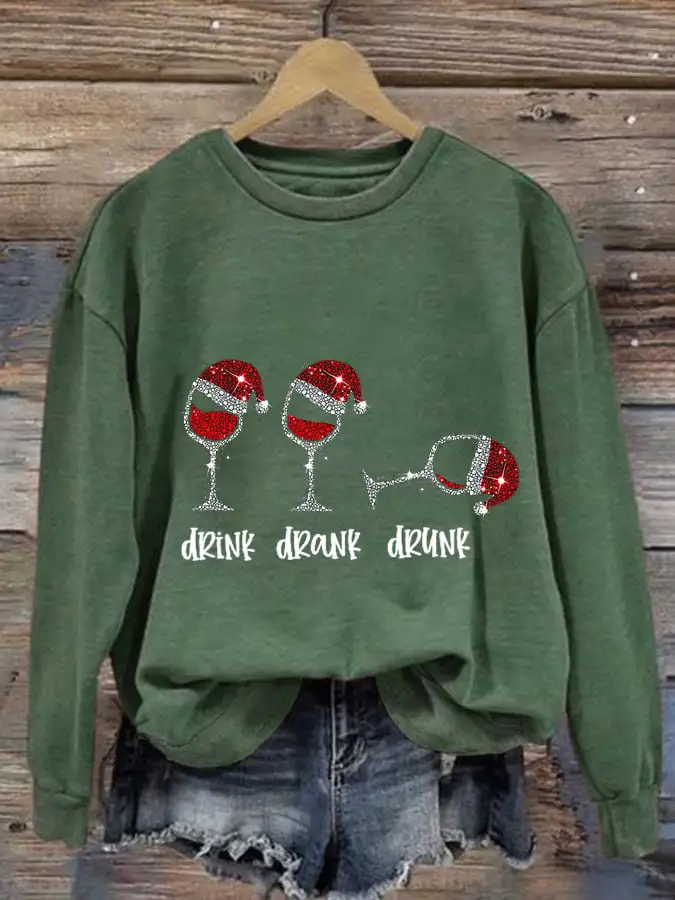 Women's Funny Drink Drank Drunk Shiny Christmas Red Wine Glass Casual Sweatshirt