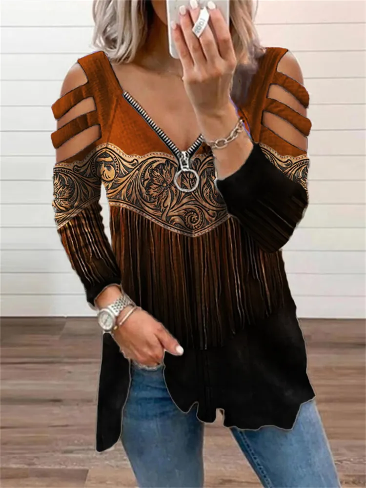 Western Floral Gradient Leather Art Hollow Shoulder T Shirt