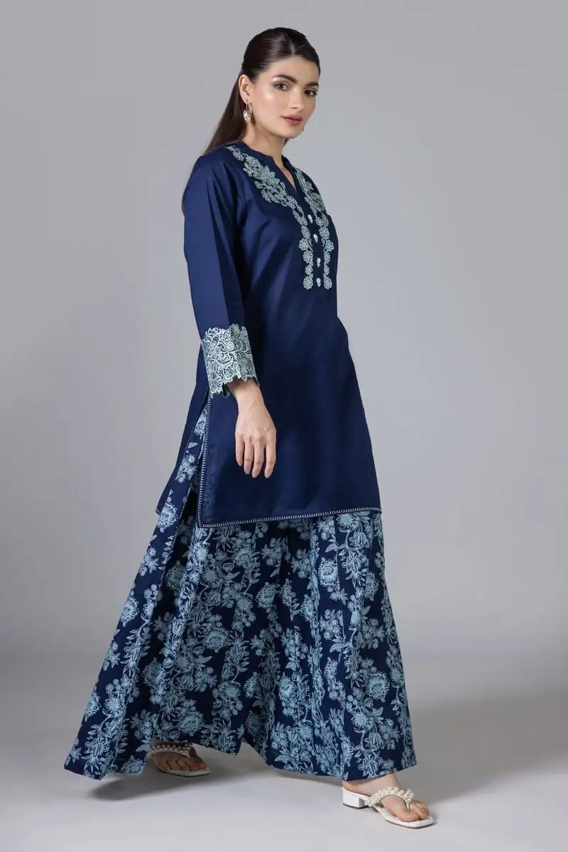 3 Piece Kurta Embroidered | Dupatta& Bottom & Tops | Color Navy blue