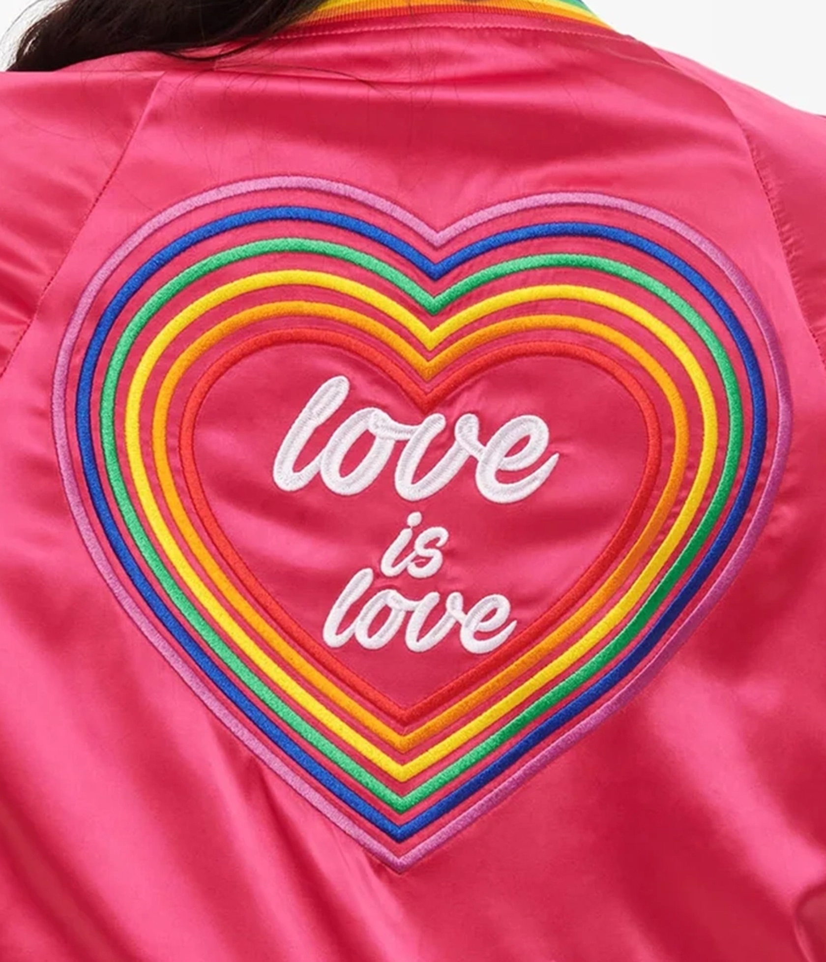 Unique Vintage Plus Size Hot Pink And Rainbow Pride Satin Bomber Jacket