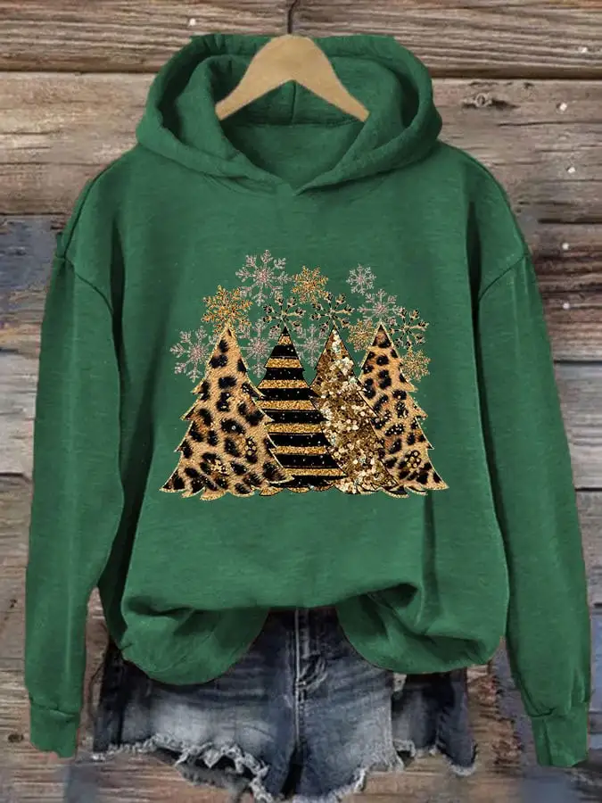 Women's Leopard Stripe Christmas Tree Print Casual Hooded Sweatshirt