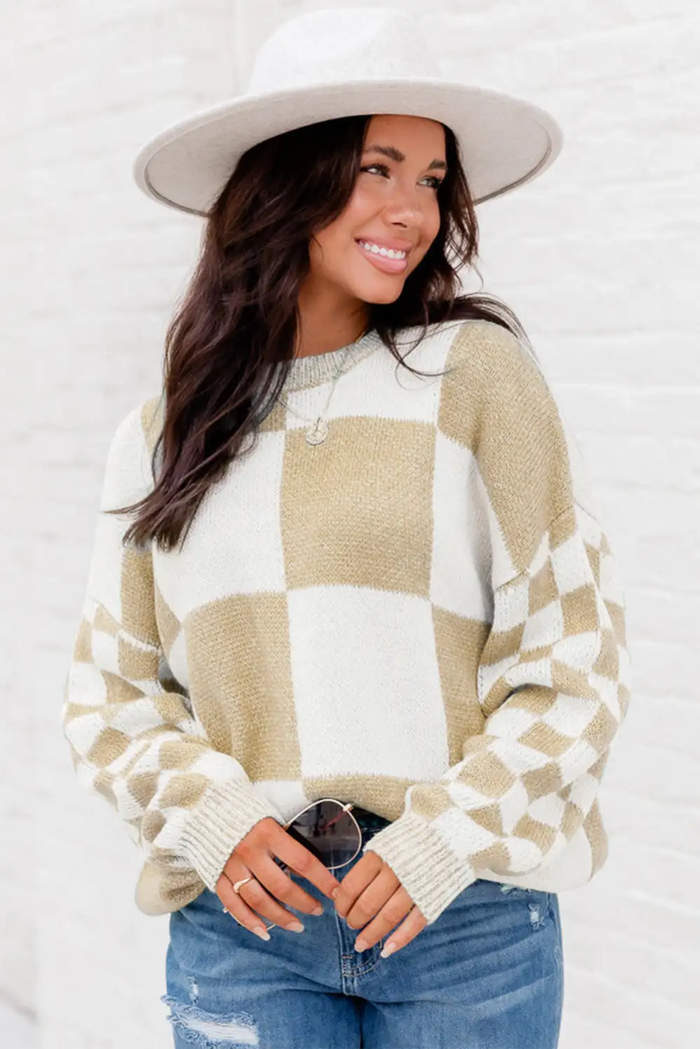 Checkered Print Drop Shoulder Sweater