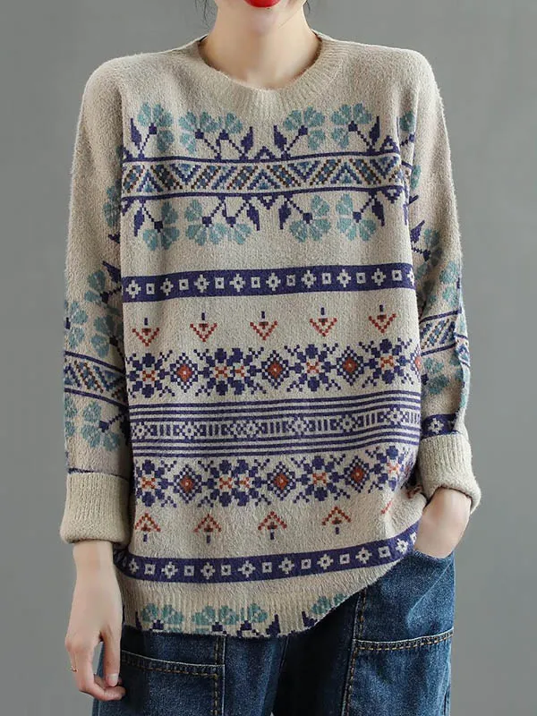 Vintage National Printed Blue Striped Round-Neck Long Sleeves Knitted Sweater