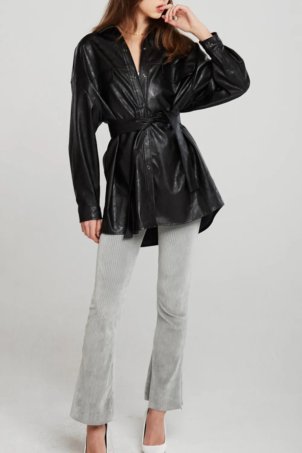 Louise Oversized Pleather Shirt w/Belt