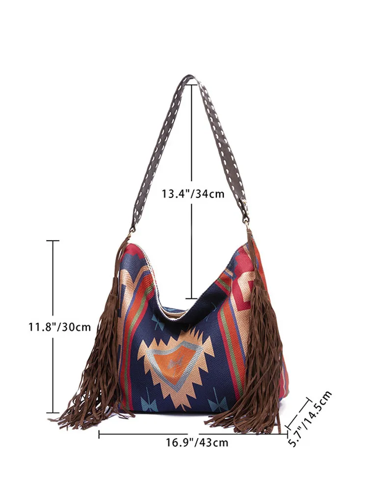 Women's Retro Ethnic Style Printed Tassel Shoulder Bag