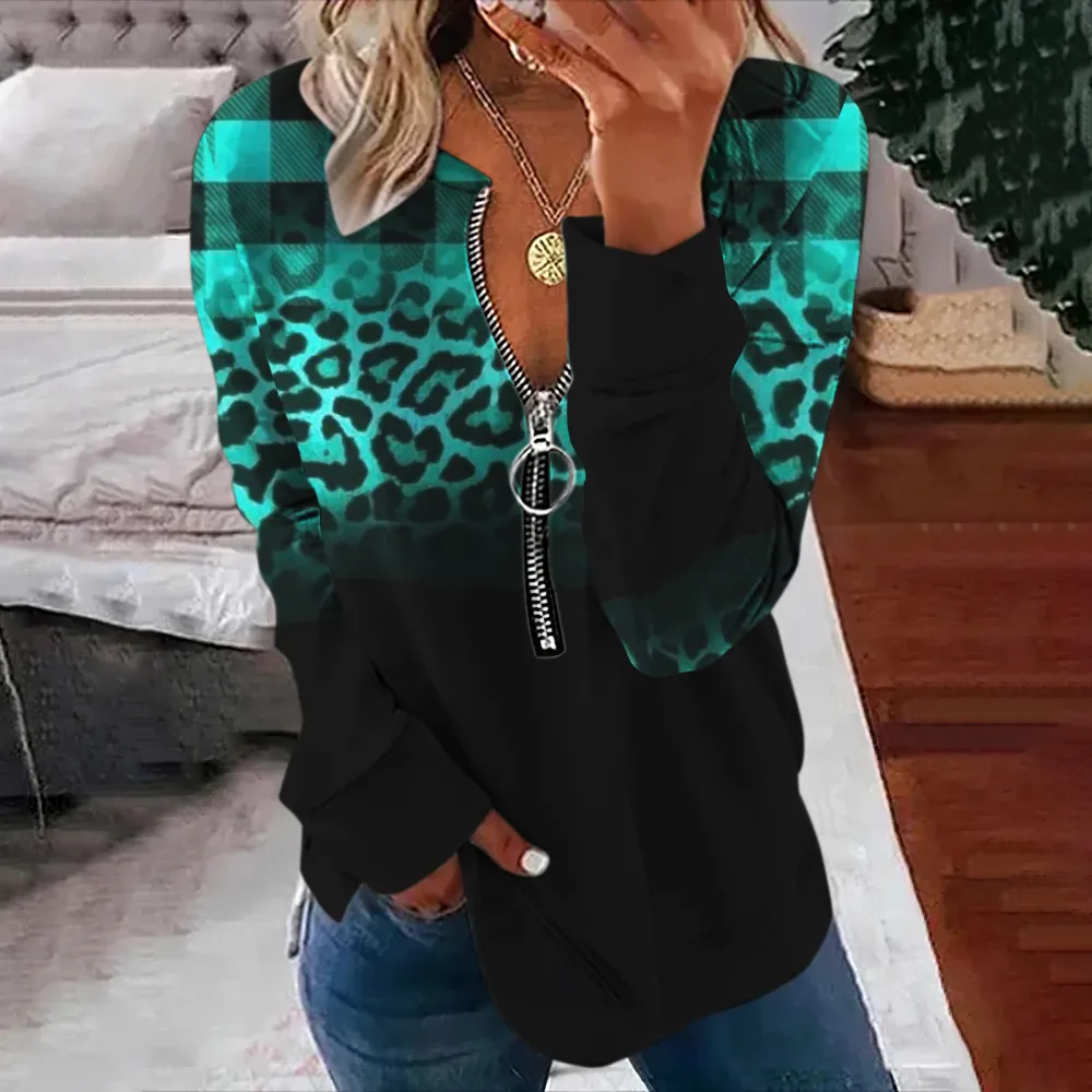 Western Check Leopard Print V-Neck Long Sleeve Sweatshirt