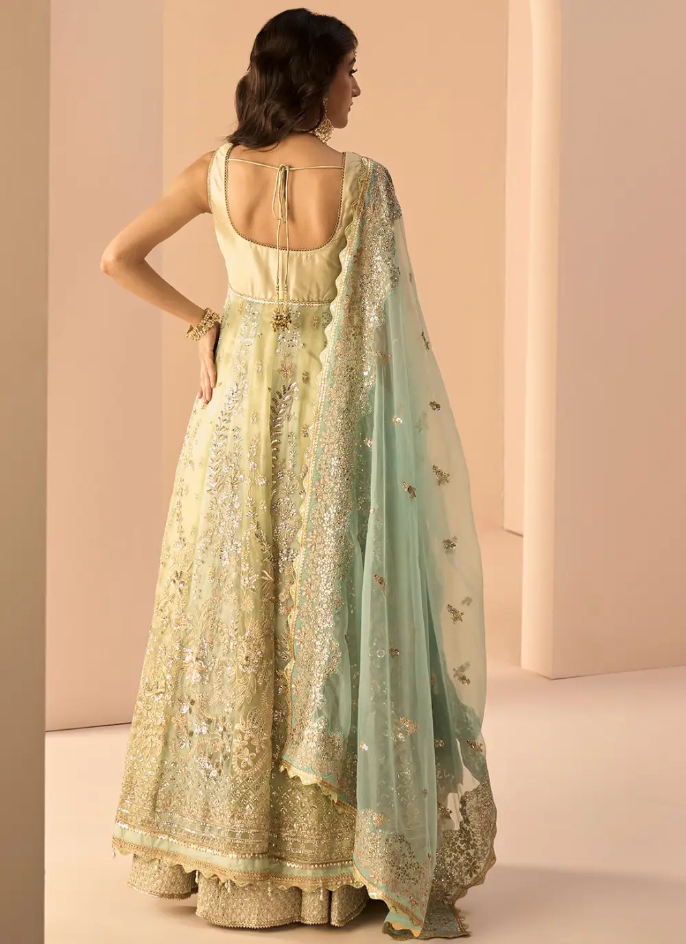 Green and Light Blue Embroidered Anarkali Style Sharara