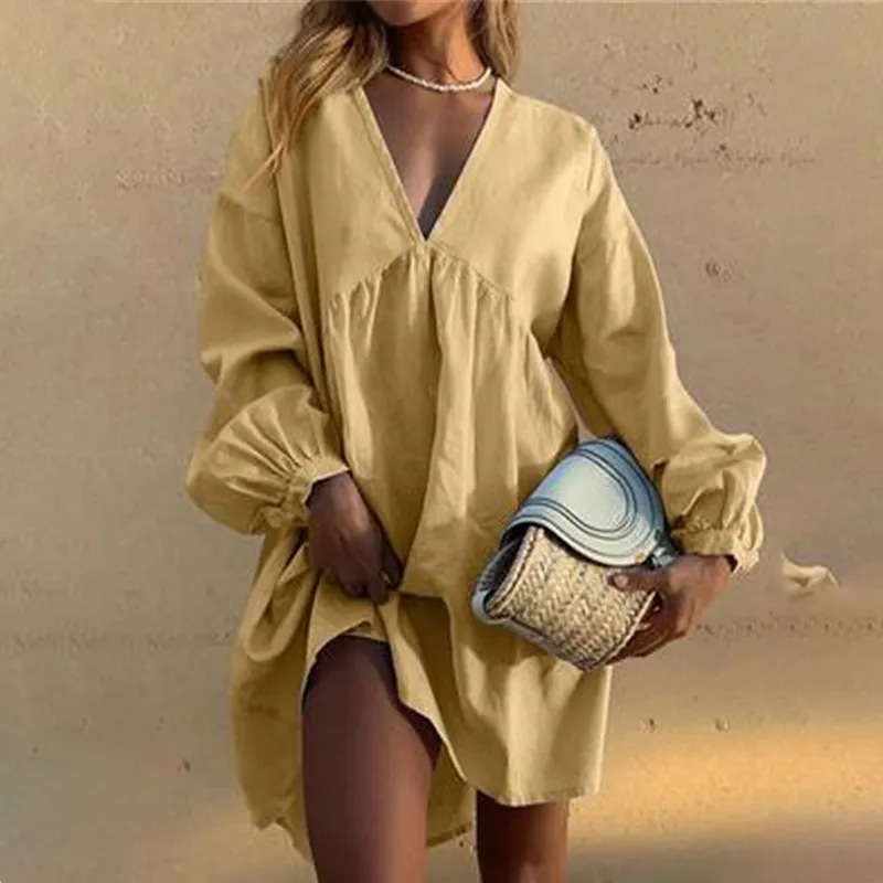 Solid Color Puff Sleeve Midi Dress