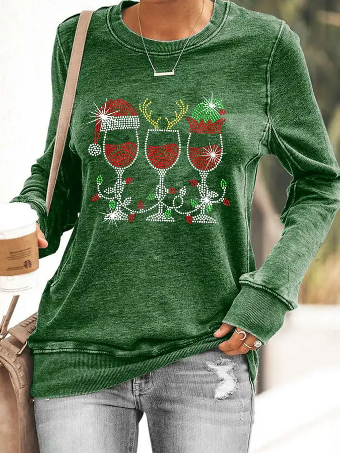 Women's Christmas Elf Deer Santa Hat Red Wine Glass Sweatshirt