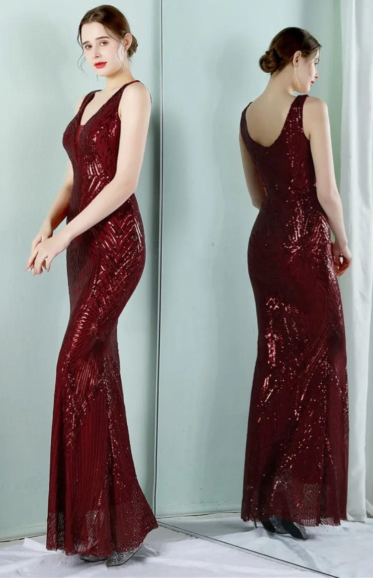 Women Summer Burgunry Formal V-neck Sleeveless Patchwork Sequined Mermaid Evening Dress