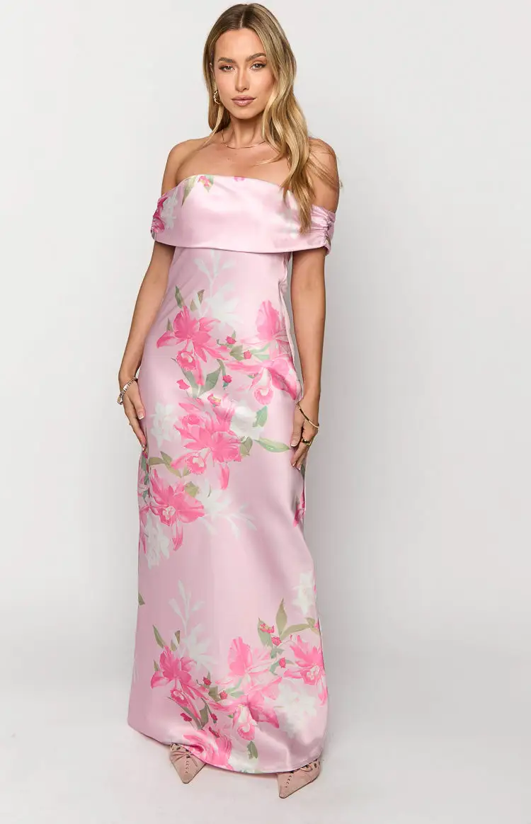 Seraphina Pink Floral Print Off The Shoulder Maxi Dress