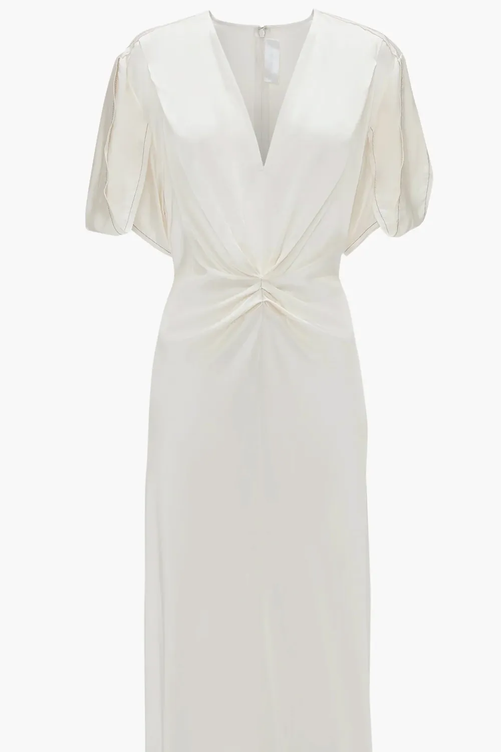 Ivory Gathered V Neck Midi Dress