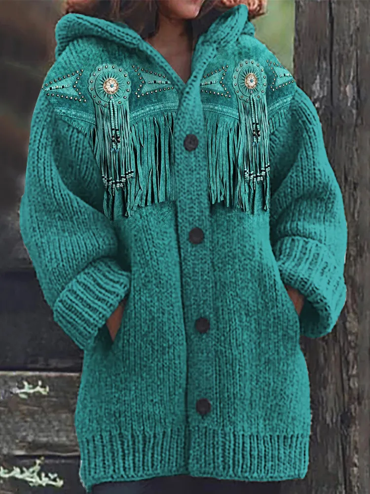 Western Turquoise Beaded Tassels Cozy Hooded Cardigan