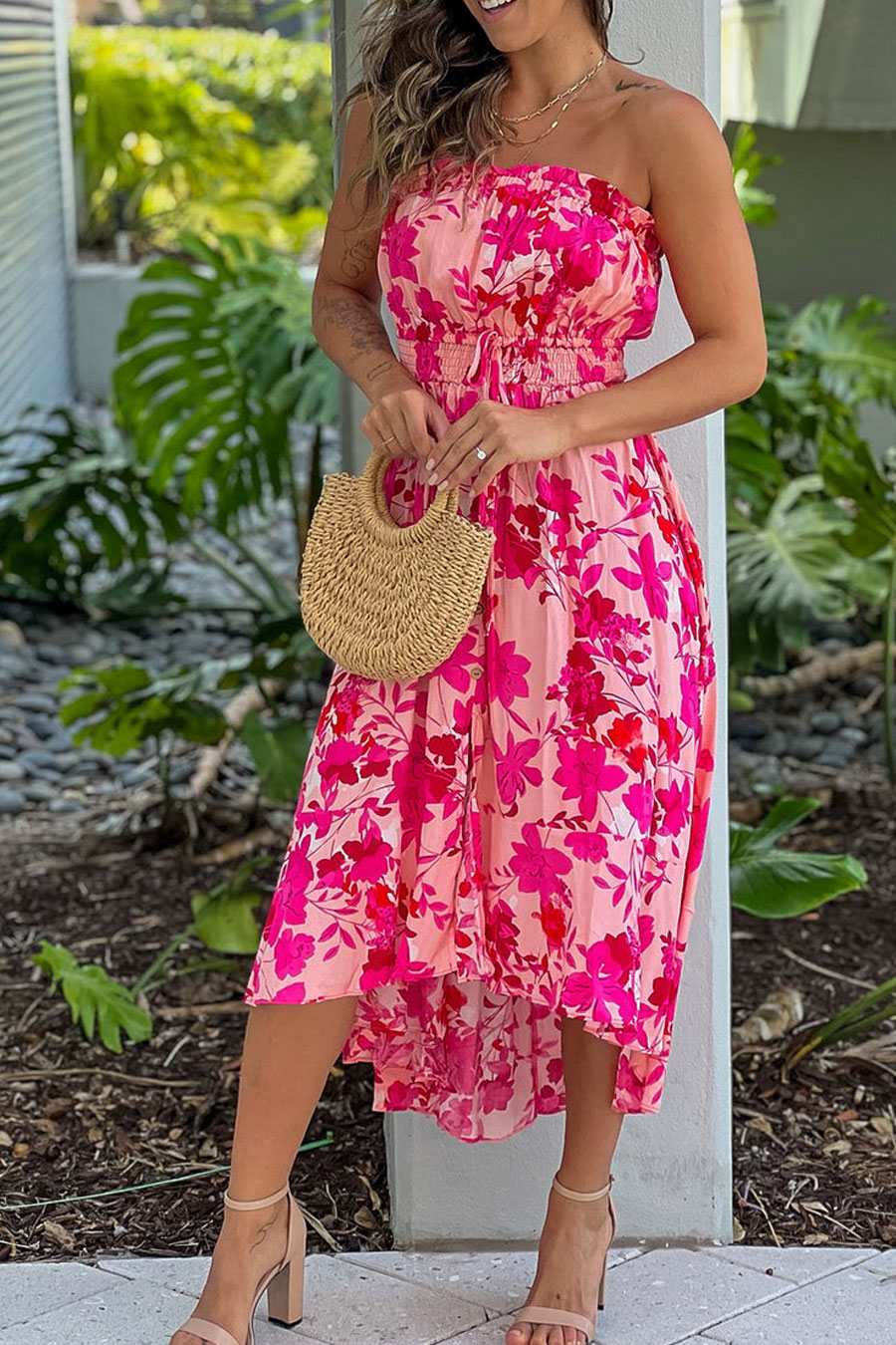 Pink Floral Print High Low Dress