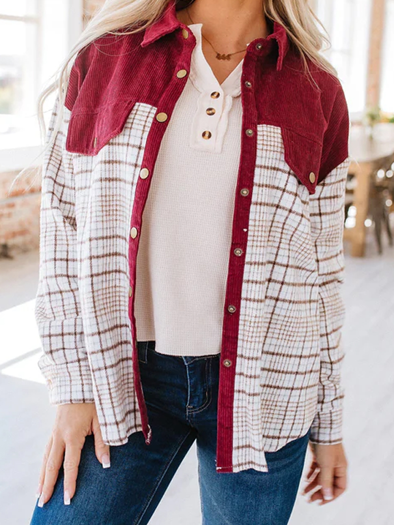 Wine Red Casual Elegant Plaid Jacket Coat